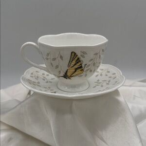 Floral “Butterfly Meadow” Teacup and Saucer Set by Lenox.